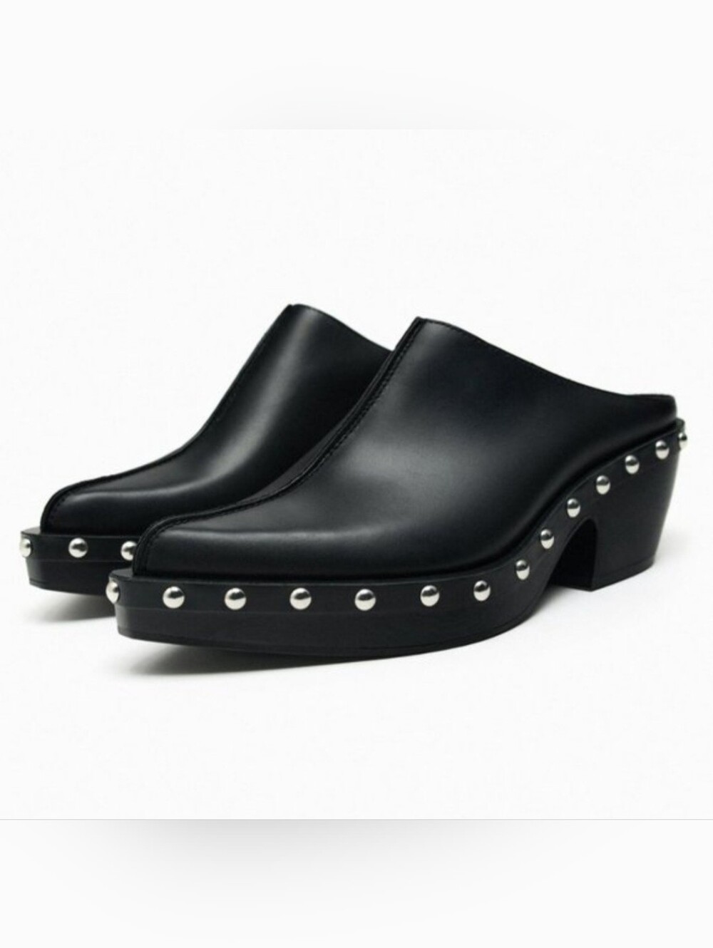 Black Pointed Leather Mule Slides with Studded Edges
